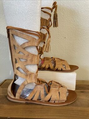 Free People Matisse Tan Suede Fringe Gladiator Sandals Tassel Zip Sz 10 Boho